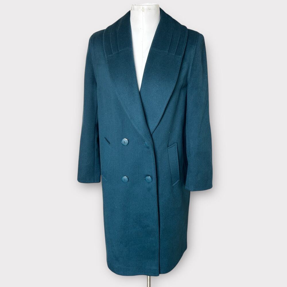Vintage 80s Alorna Wool Blend Trench Coat Double Breasted Peacock Blue Women's M